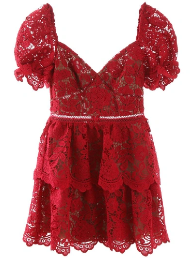 Self-portrait Ruschia Floral Lace Puff Sleeve Minidress In Red | ModeSens