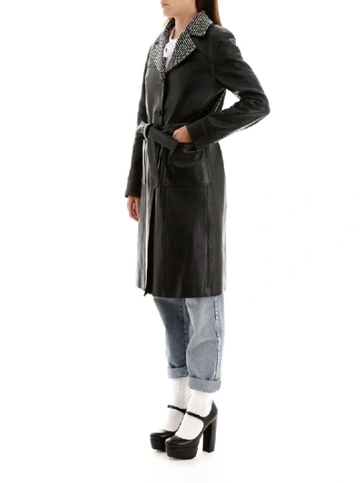 Shop Miu Miu Leather Coat With Crystals In Nero (black)