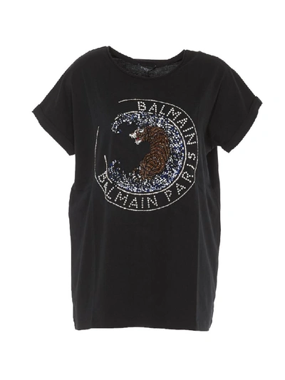 Shop Balmain Tiger Embroidered T-shirt In Black