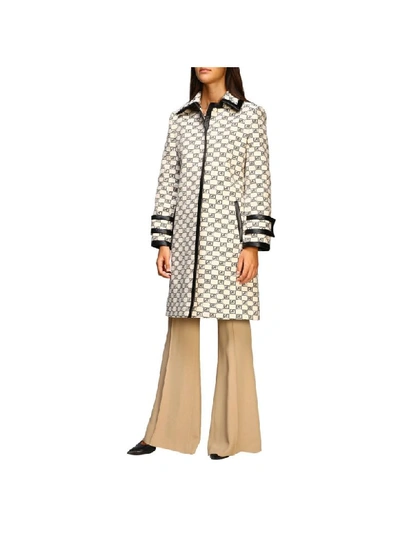 Shop Alberta Ferretti Coat With All Over Monogram And Leather Edges In Black