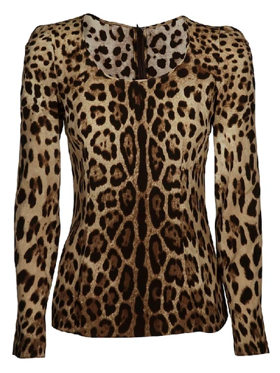 Dolce & Gabbana Leopard Print Silk Blend Long Sleeve Top In Animal Print