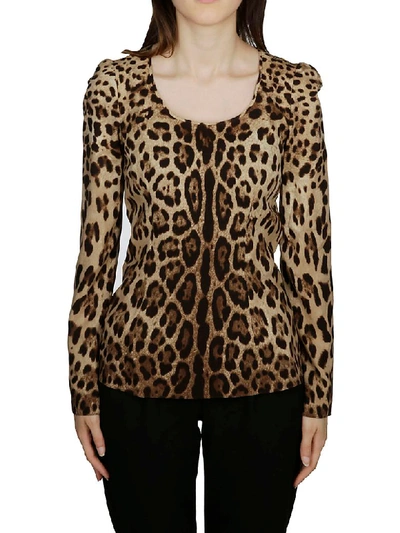 Dolce & Gabbana Leopard Print Silk Blend Long Sleeve Top In Animal Print