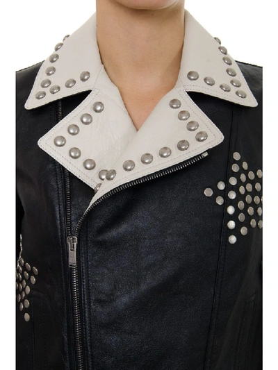 Shop Saint Laurent Black Leather Biker Jacket Embroidered With Studs In Black/ivory