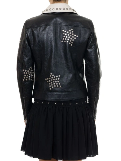 Shop Saint Laurent Black Leather Biker Jacket Embroidered With Studs In Black/ivory