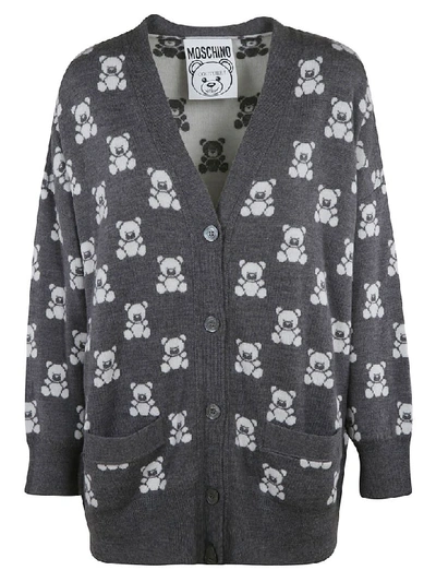 Shop Moschino Bear Print Cardigan In Grey
