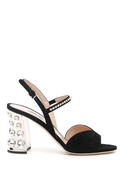 Shop Miu Miu Crystal Suede Sandals In Nero (black)