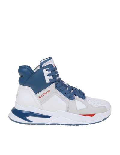 Shop Balmain B-ball Sneakers In White / Blue Leather In White/blu