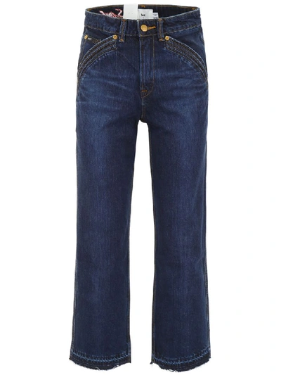 Shop Self-portrait Lee Cropped Jeans In Dark Blue (blue)