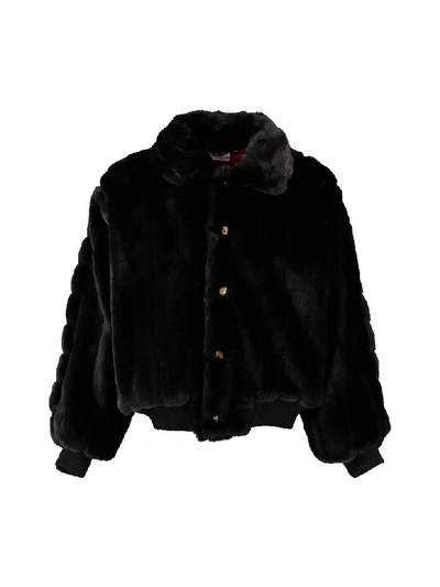 Shop Gcds Faux Fur Bomber Jacket In Black