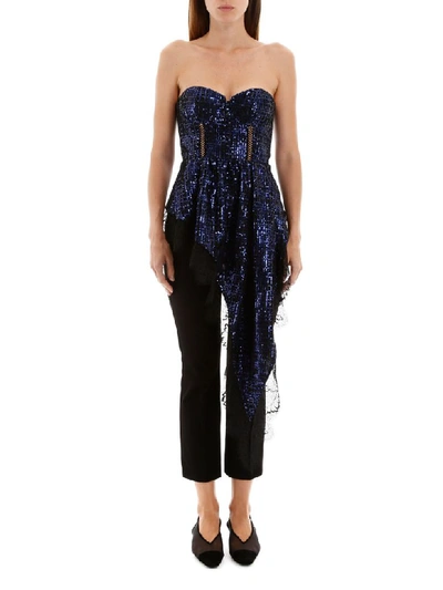 Shop Self-portrait Sequined Top With Lace In Blue (blue)