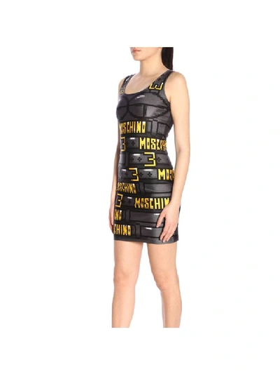Shop Moschino Capsule Collection Pixel Dress In Technical Fabric With Buckles And Logo Print In Black