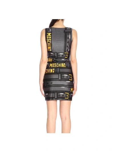 Shop Moschino Capsule Collection Pixel Dress In Technical Fabric With Buckles And Logo Print In Black