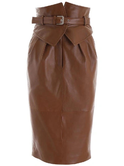 Shop Alberta Ferretti Leather Pencil Skirt In Brown (brown)