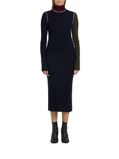 Shop Maison Margiela Color-blocked Midi Wool Turtleneck Dress In Blu