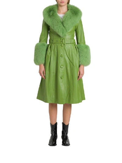 Shop Saks Potts Long Belted Nappa Coat With Fox Fur Trimming In Verde