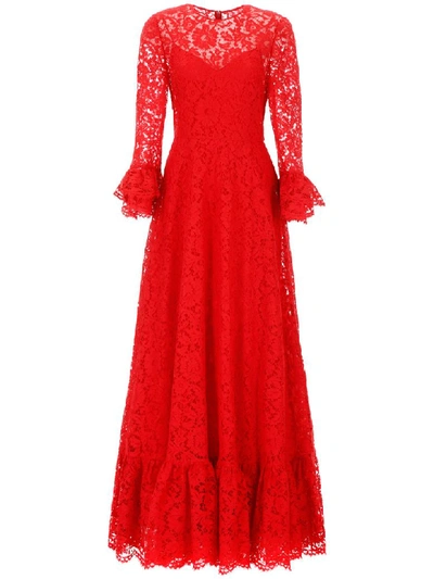 Shop Valentino Long Lace Dress In Rosso (red)