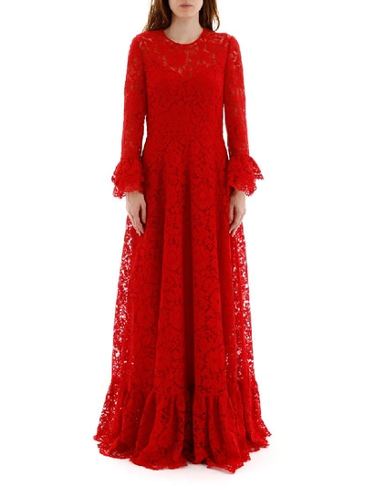 Shop Valentino Long Lace Dress In Rosso (red)