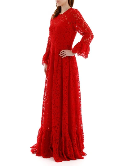 Shop Valentino Long Lace Dress In Rosso (red)