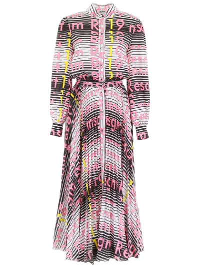 Shop Msgm Resort Dress In Striped Resort Nero (pink)