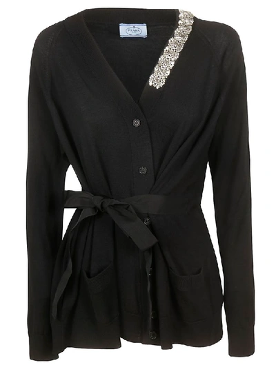 Shop Prada Embellished Cardigan In Black