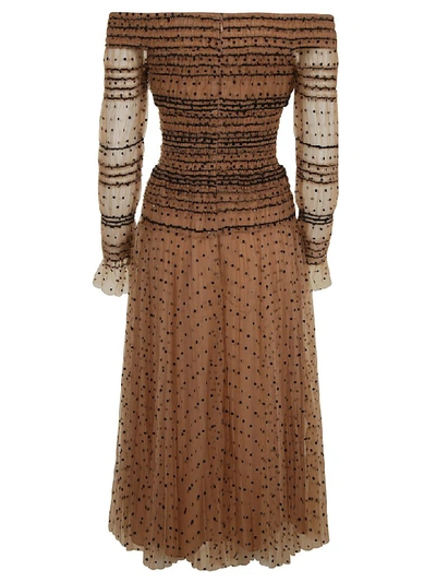 Shop Self-portrait Shirred Polka-dot Off Shoulder Midi Dress In Beige