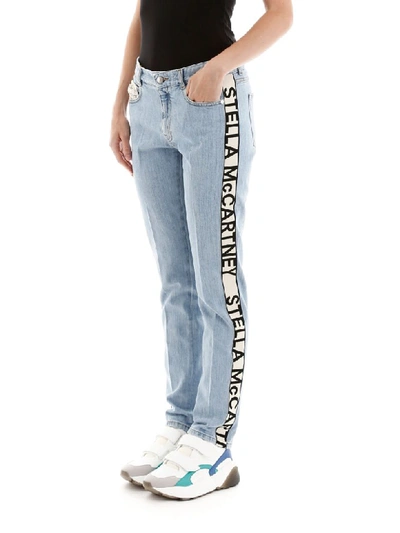 Shop Stella Mccartney Skinny Jeans With Logo Bands In Baby Blue (light Blue)