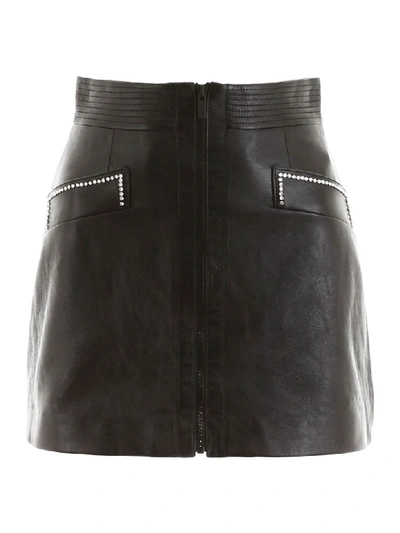 Shop Miu Miu Leather Mini Skirt With Crystals In Nero (black)