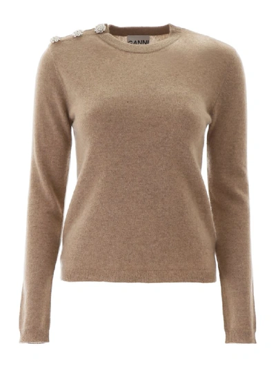Shop Ganni Pullover With Crystal Buttons In Tannin (beige)