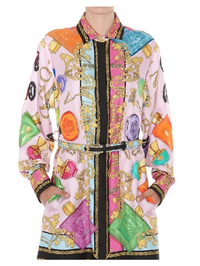 Shop Versace Logo Silk Dress In Multicolor