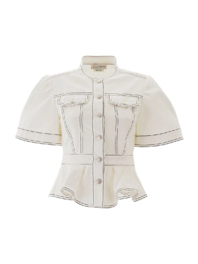 Shop Alexander Mcqueen Peplum Denim Jacket In Ivory (white)