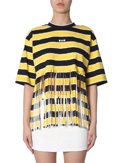 Shop Msgm Striped T-shirt With Fringes In Multicolor