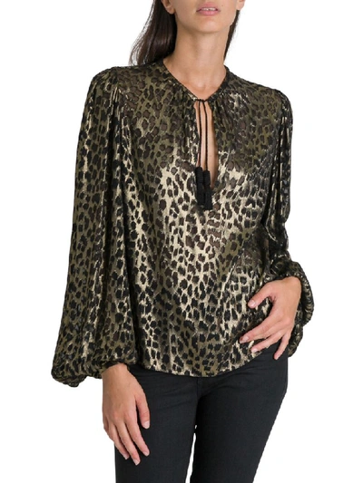 Shop Saint Laurent Tassel Pirate Blouse In Metallic Leopard Satinet In Oro