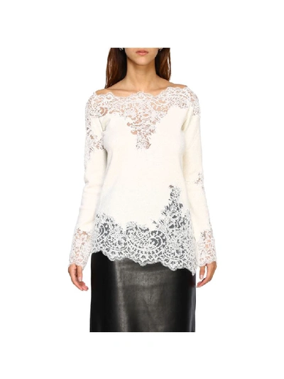 Shop Ermanno Scervino Sweater With Long Sleeves And Lace Inserts In Yellow Cream