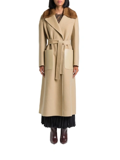 Shop Fendi Cashmere Double Coat With Mink Fur Collar In Cammello