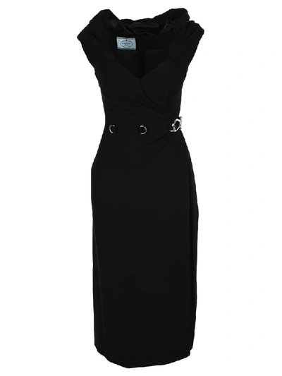 Shop Prada Shawl Neckline Midi Dress In Black