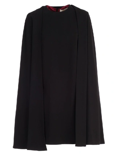 Shop Sara Battaglia Dress L/s Crew Neck Pencil W/detachable Cape In Nero