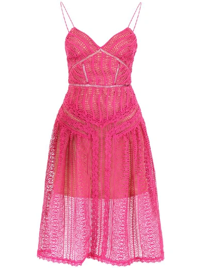 Shop Self-portrait Lace Midi Dress In Fuxia (fuchsia)