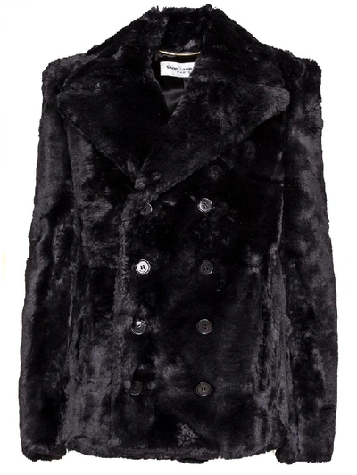 Shop Saint Laurent Fake Fur Pea Coat In Nero