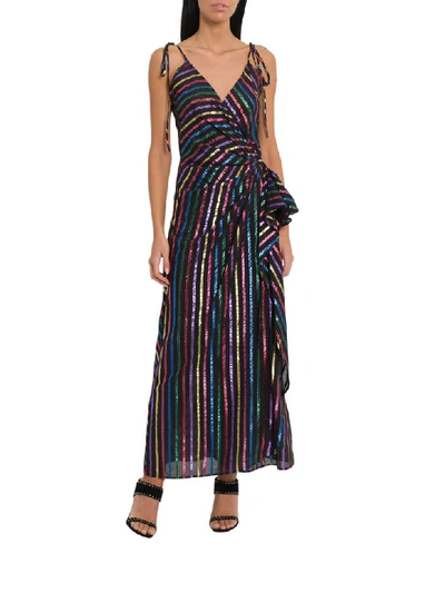 Shop Attico Long Slip Dreswith Lurex Stripes In Nero