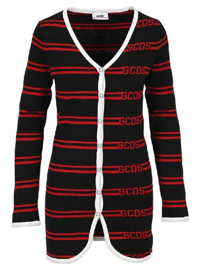 Shop Gcds Striped Cardigan In Black Red