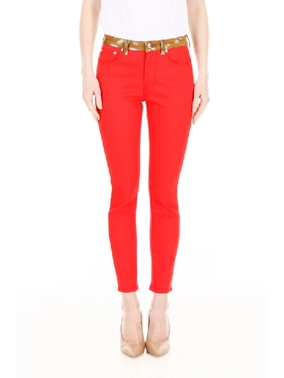 Shop Burberry Bicolor Jeans With Fawn Print In Bright Red (red)