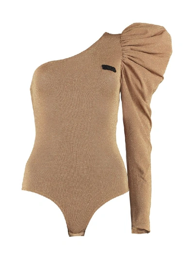Shop Gcds Lurex Jersey One-shoulder Bodysuit In Gold