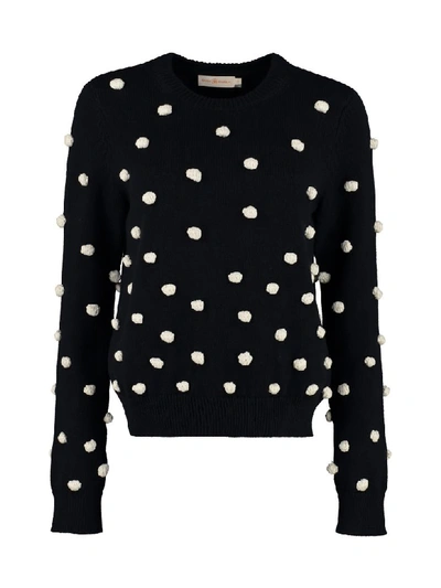 Shop Tory Burch Tricot Sweater With Pom-poms In Blue