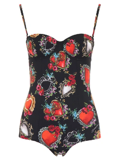 Shop Dolce & Gabbana Sacred Heart Swimsuit In Cuori E Rose F Nero (black)