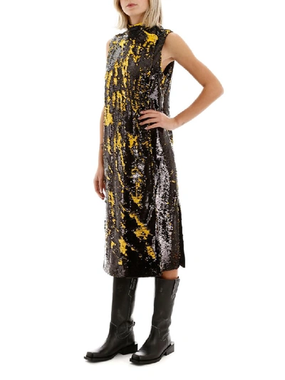 Shop Ganni Sequined Midi Dress In Lemon (black)