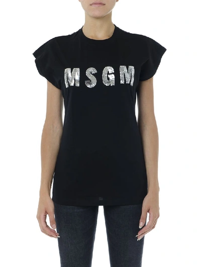 Shop Msgm Black Cotton T Shirt With Sequins Logo