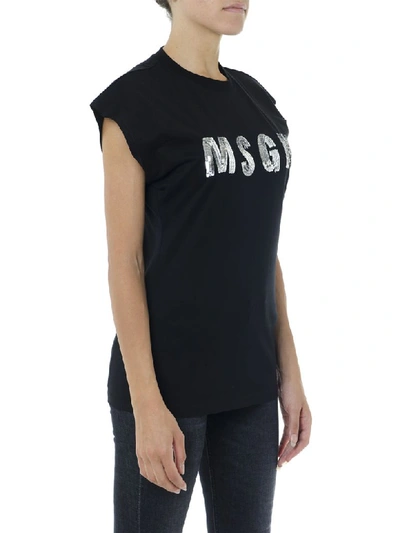 Shop Msgm Black Cotton T Shirt With Sequins Logo