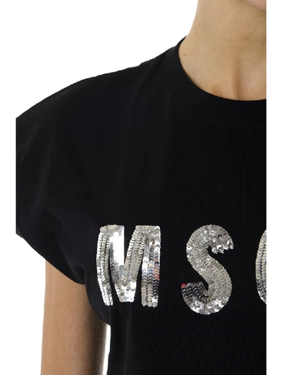 Shop Msgm Black Cotton T Shirt With Sequins Logo