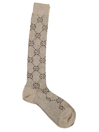 Shop Gucci Logo Knit Socks In Shell-dark Brown