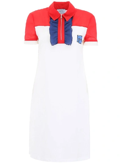 Shop Prada Dress With Ruffles And Logo Patch In Rosso Bianco Inchios (white)